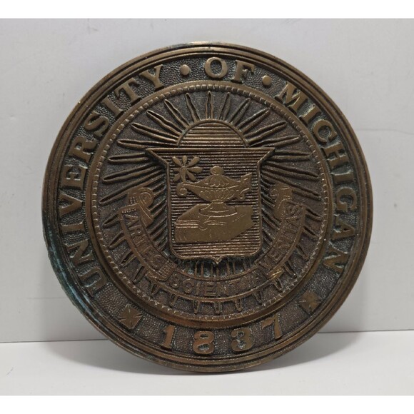 UNIVERSITY OF MICHIGAN Vintage Brass Plaque Emblem Seal Crest 1837 UM 9”